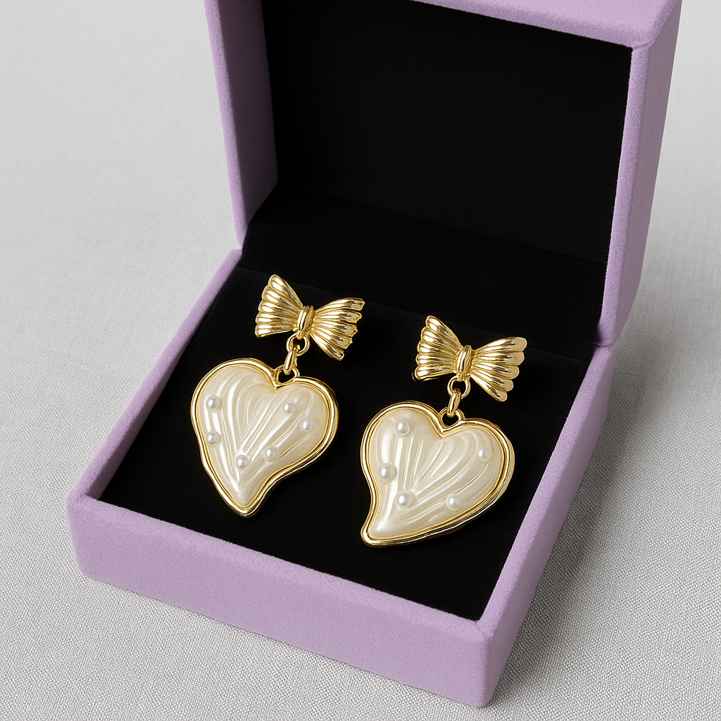 Bow Heart Pearl Earrings