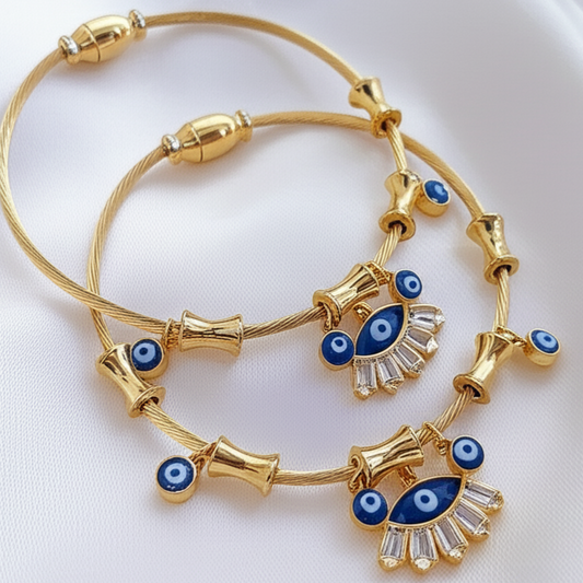 Golden Evil Eye Charm & Crystal Accent Bracelet Set