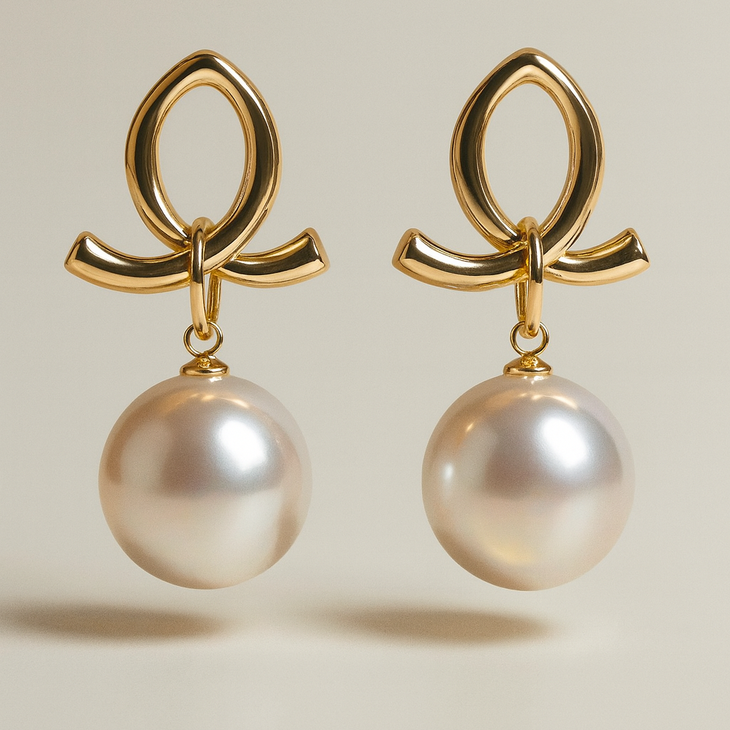Gold earrings with pearl drops on a beige background