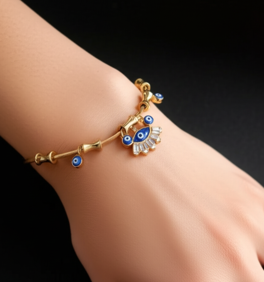 Golden Evil Eye Charm & Crystal Accent Bracelet Set