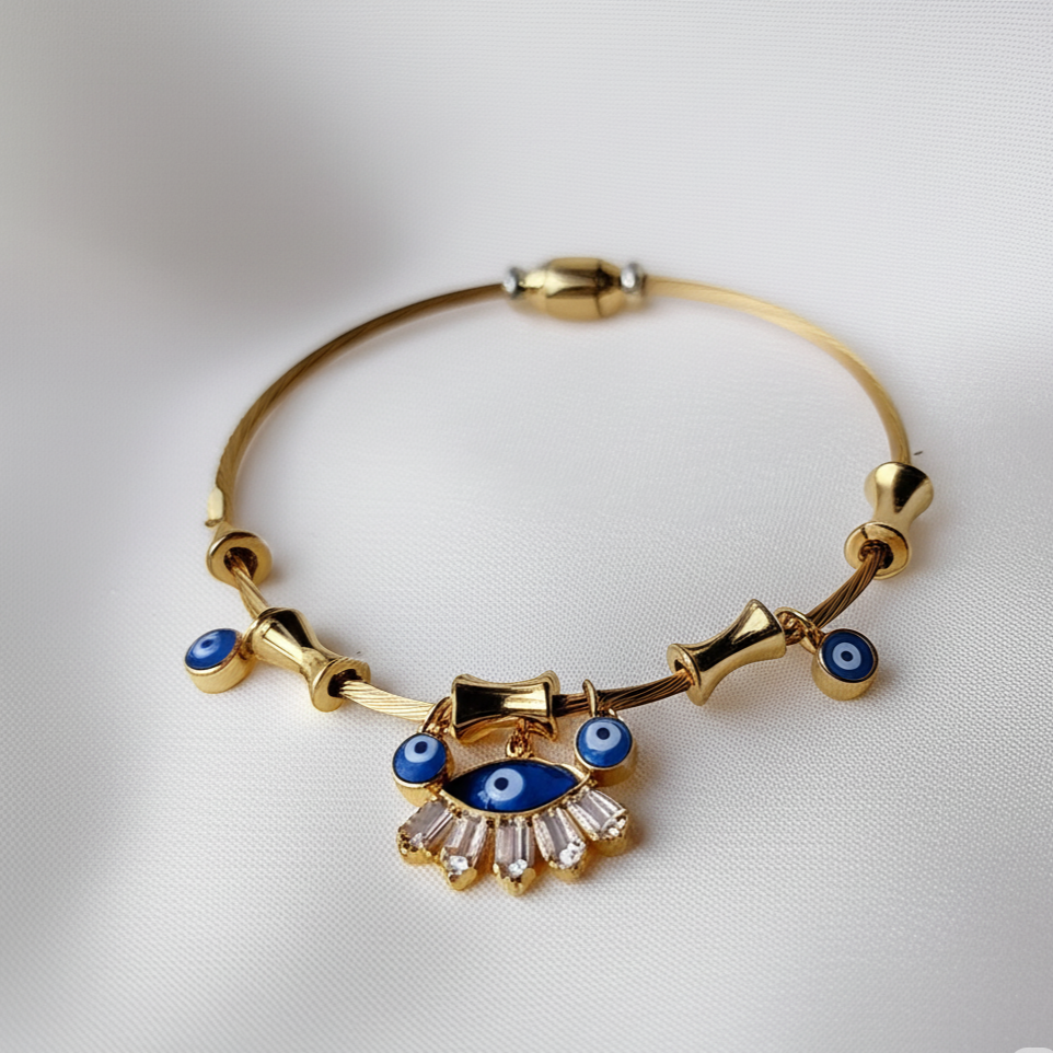 Golden Evil Eye Charm & Crystal Accent Bracelet Set
