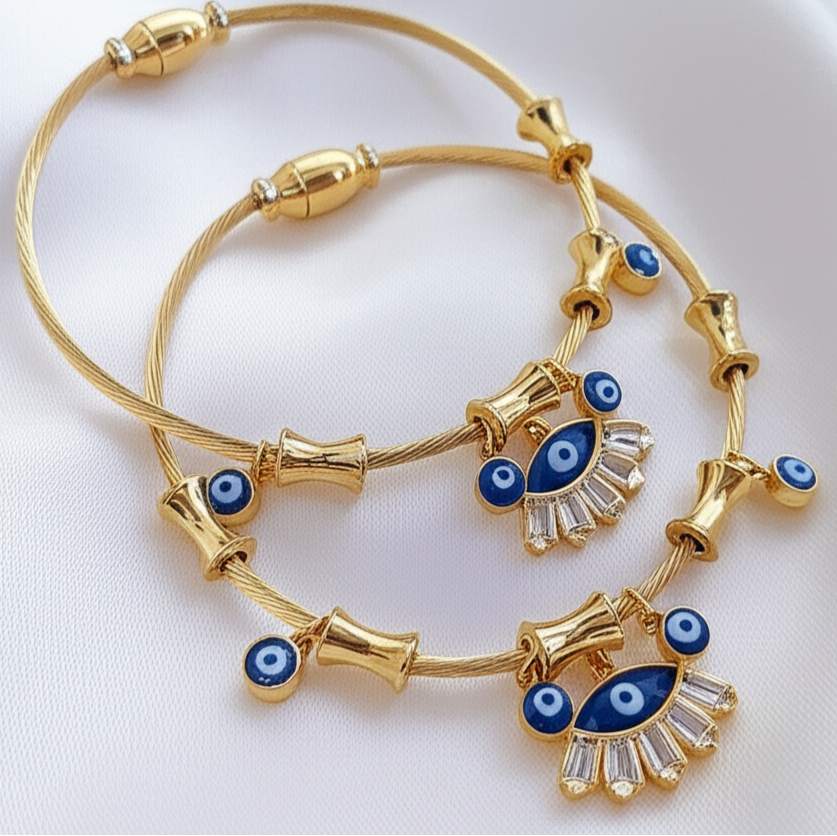 Golden Evil Eye Charm & Crystal Accent Bracelet Set