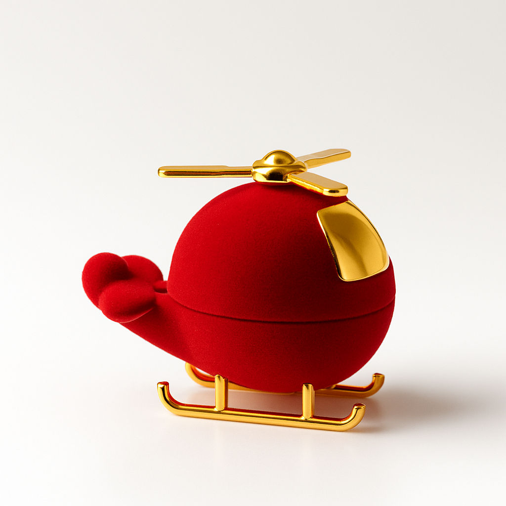 Red helicopter-shaped container with gold accents on a white background