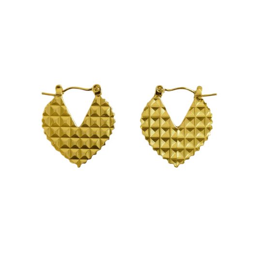 Pair of gold heart-shaped earrings on a white background

