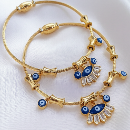 Golden Evil Eye Charm & Crystal Accent Bracelet Set